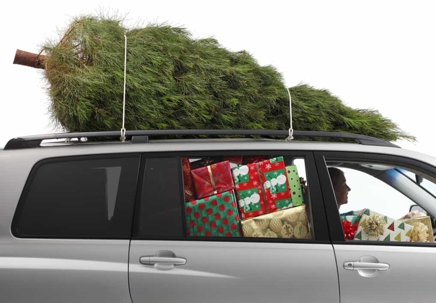 Christmas tree being transported on top of a mini van with lots of wrapped gifts in the back and front seat of the car