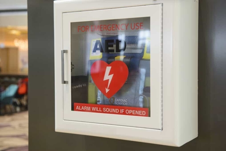 Close up of an AED in a public facility