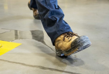 Close up of a worker wearing work boots and pants slipping on a puddle on a warehouse floor