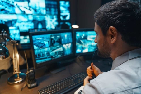 Security worker looks at screens overseeing property
