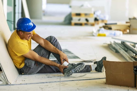 Fallen construction worker clutches his ankle in pain