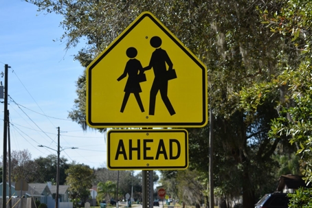 A sign symbolizes a school crossing zone.