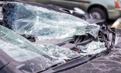Destroyed windshield after a car accident